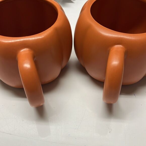 Ceramic Orange Pumpkin Mugs Fall Seasonal Autumn Thanksgiving Set of Two - Picture 3 of 7